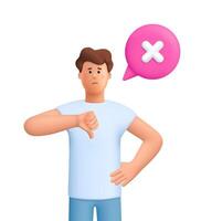 Young smiling man James showing a thumbs-down gesture near speech bubble with cross sign. Communication, dislike, disagreement. 3d people character. Cartoon minimal style. vector
