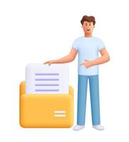 Young smiling man James pointing at huge folder with document file. Business, office concept. 3d people character. Cartoon minimal style. vector