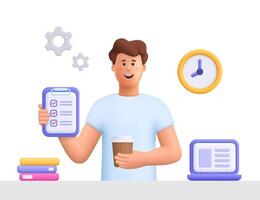 Young smiling man James freelance worker, working with laptop at home, holding coffee cup and file documents. Daily work routine. 3d people character. Cartoon minimal style. vector
