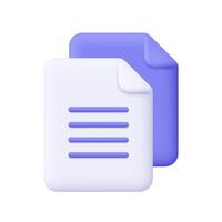 Copy file document icon. Stack of paper sheets. Business, finance, education and office concept. 3d icon. Cartoon minimal style. vector