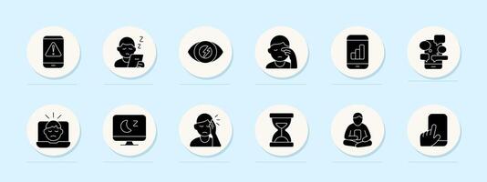 Sleep and screen set icon. Phone use, fatigue, eye strain, headache, chat overload, tired face, late screen time, time lost, meditation, touchscreen. vector