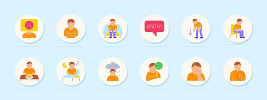 Depression symptoms set icon. Sadness, apathy, isolation, loss of interest, fatigue, insomnia, crying, mood swing, emptiness, despair, chest heaviness. vector