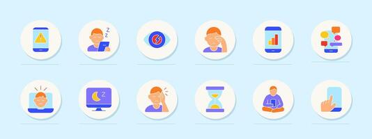 Screen addiction set icon. Phone alert, tired eyes, eye strain, fatigue, analytics overload, social flood, blue light, insomnia, headache, wait, meditation, swipe. vector