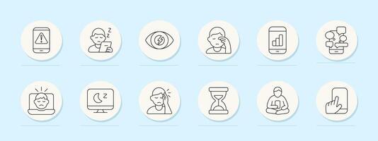 Screen fatigue set icon. Mobile alert, phone use, eye strain, headache, analytics overload, message flood, sad face, sleepless monitor, tiredness, waiting, meditation, touch input. vector