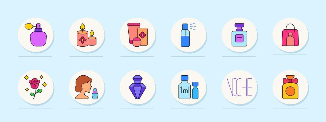 Perfumery set icon. Atomizer, candles, cosmetics, spray, flacon, gift bag, rose, woman, crystal bottle, sample set, niche fragrance, bow, scent, presentation, skincare.