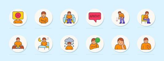 Depression set icon. Sadness, apathy, loneliness, mood decline, isolation, loss of interest, poor appetite, insomnia, crying, masking emotions, guilt, chest pain, mental distress. vector