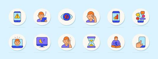Screen fatigue set icon. Phone alert, mobile usage, eye strain, sleep disruption, tiredness, chart overload, message stress, sad face, night usage, headache, waiting, meditation, tapping. vector