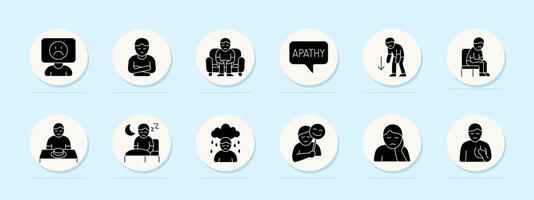 Depression set icon. Sadness, apathy, tired face, loneliness, mood drop, loss of interest, crying, masked emotion, fatigue, sleep change, appetite loss, self-isolation. vector
