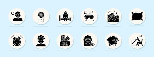 Sleep problem set icon. Tired person, dreamcatcher, sitting in bed, mask, body ache, pillow, alarm, insomnia, melatonin, caffeine, sheep, desk nap. vector