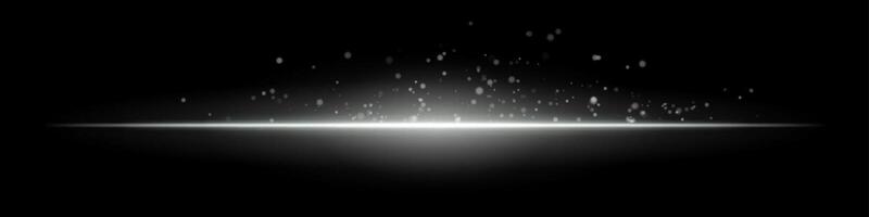 White flare burst. Single glowing horizontal beam with scattered particles and flare on dark background. Perfect for energy, tech, fire, sci-fi motion effects. vector