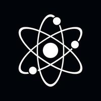 White Atom Icon on Black Background Representing Science Physics Chemistry and Technology with Electrons Orbiting the Nucleus in a Minimalist Style vector