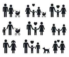 Collection of Black Family Icon Pictograms with Different Structures and Relationships Including Couples Children Babies and Pets on a White Background vector