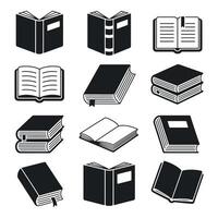 Set of Black and White Book Icons in Various Styles Including Open Books Closed Books and Stacks of Books Perfect for Education and Literature vector