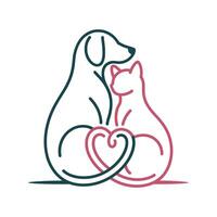 Minimalist Line Art Illustration of a Dog and Cat with a Heart Symbol Representing Friendship Love and Pet Adoption on White Background vector