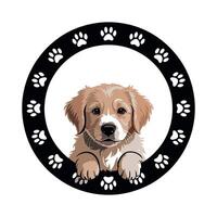 Adorable Golden Retriever Puppy Peeking Through a Paw Print Circle Frame Perfect for Pet Related Designs Invitations or Greeting Cards with a Touch of Canine Charm vector