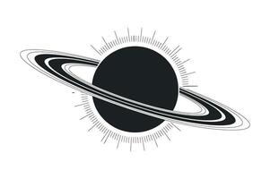 Monochrome Saturn Planet Illustration with Rings and Sun Rays Minimalist Celestial Design for Space Exploration and Astronomy Enthusiasts Isolated on White vector