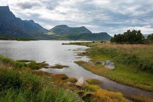 Grassed lake shore with small river and rocky mountains in background, Lofoten Norway photo