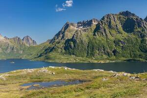 Lake and swamp pond with mountains and clear sky in background, Lofoten Norway photo