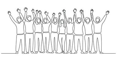 Continuous Line Drawing of a Diverse Group of People with Raised Hands Symbolizing Unity Celebration and Collective Achievement in a Minimalist Style single vector