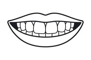 Simple Black and White Illustration of a Smiling Mouth with Teeth Lips and Gums on an Isolated White Background for Design Purposes vector