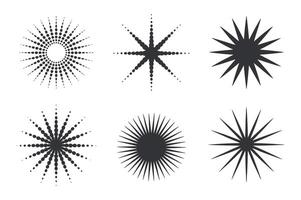 Collection of Six Abstract Sunbursts and Starbursts in Black and White Featuring Halftone Patterns Radial Lines and Geometric Shapes for Graphic Design Elements vector