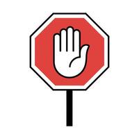 Red Octagon Stop Sign with a White Hand on a Black Pole Representing Restriction Prohibition and the Urgent Need to Halt Actions red vector