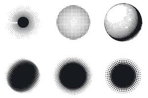 Collection of Six Black and White Halftone Circle Designs with Varying Patterns and Textures on a White Background for Graphic Design and Creative Projects vector