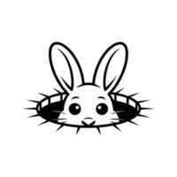 Cartoon Rabbit Peeking Out of a Hole with Spikes in Black and White for Illustration vector