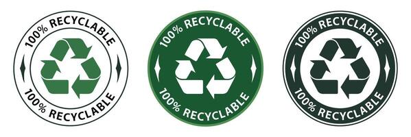 Set of Three 100 Percent Recyclable Icons with Different Styles and Colors Representing Sustainable Practices and Environmental Responsibility for Products and Packaging vector