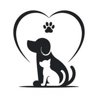 Monochrome Illustration of a Dog and Cat Silhouette Under a Heart with a Paw Print Symbolizing Pet Love and Care simple monochrome vector
