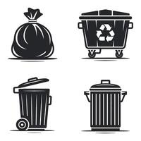 Collection of Trash Can and Garbage Bin Icons in Black and White Silhouette Style for Waste Management and Environmental Awareness vector