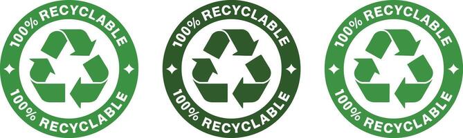 Three Green 100 Percent Recyclable Symbols with Arrows and Sparkles on a White Background Promoting Environmental Awareness and Sustainable Practices for a Better vector