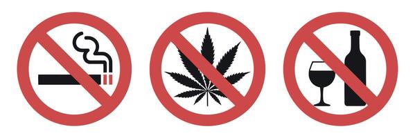 Prohibition Signs Featuring No Smoking No Marijuana and No Alcohol Depicted in Red Circles with a Line Through Them on a White Background vector