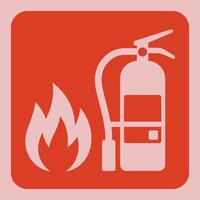 Simple Fire Safety Sign Depicting a Fire Extinguisher and Flames on a Red Square with Rounded Edges and a Light Pink Background red vector