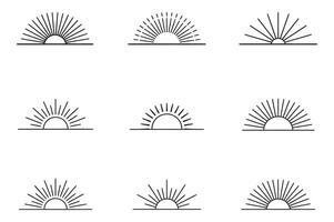 Collection of Minimalist Sun Icons with Rays Simple Geometric Sunrise Symbols Different Styles of Sunbursts Black and White Design Elements Illustration for Graphic Design vector