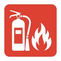 Red Square Sign Depicting a White Fire Extinguisher and Flames Indicating Fire Safety and Emergency Equipment Location or Fire Hazard Warning red square vector