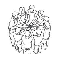 Line Art Illustration of Diverse People Joining Hands in Unity and Collaboration Forming a Circle for Teamwork and Shared Goals black white vector