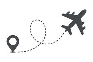 Airplane Flight Path Illustration A Dark Gray Airplane Takes Off From a Location Pin Following a Dotted Line on a Clean White Background vector