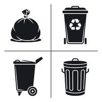 Collection of Different Trash and Recycling Containers in Black and White Including Trash Bag Cans and Wheeled Bins for Waste Management vector