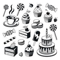 Various Black and White Dessert Icons Including Cake Cupcakes Candy Macarons Coffee and Ice Cream on a White Background vector