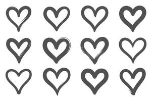 Collection of Twelve Hand Drawn Heart Shapes with Varying Brush Strokes in a Grid Pattern on a White Background vector