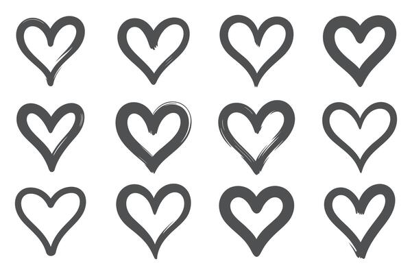 Collection of Twelve Hand Drawn Heart Shapes with Varying Brush Strokes in a Grid Pattern on a White Background