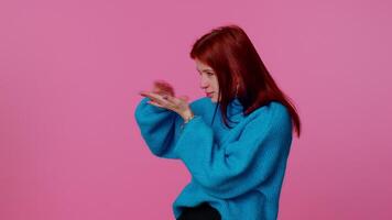 Rich girl showing wasting or throwing money around hand gesture, more tips dreaming about big profit video