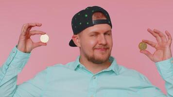 Man showing bitcoins btc, career wealth, cryptocurrency investment, mining future technology payment video