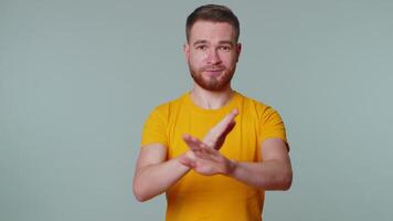 Man say no hold palm folded crossed hands in stop gesture, warning of finish, prohibited access video
