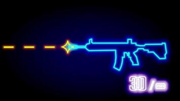 A glowing blue rifle fires orange tracer rounds in a neon visual style, emphasizing action and military combat in stylized animations video