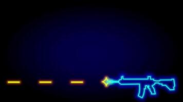 A single stylized rifle emits tracer rounds in a glowing neon display, indicating precision, combat action, and rapid-fire confrontation video