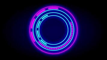 A circular neon interface design in pink and blue represents futuristic HUD elements in a stylized digital user experience effect. video