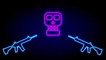 A neon robotic face between two rifles suggests a direct threat, conflict, or stand-off scenario with high contrast and symbolic tension video
