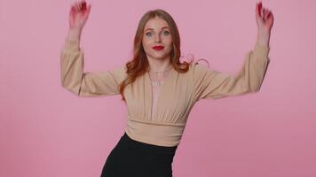 Excited amazed woman raising hands in shocked surprised wow showing hands brain explosion head video